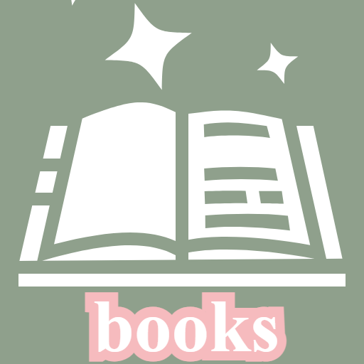 matcha green square with white symbol of an open book with glitter; text white in pink outline: books
