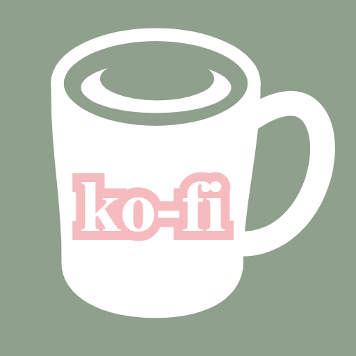 matcha green square with white symbol of a coffe mug; text white in pink outline: ko-fi