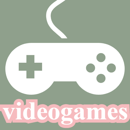 matcha green square with white symbol of snes controller; text white in pink outline: videogames