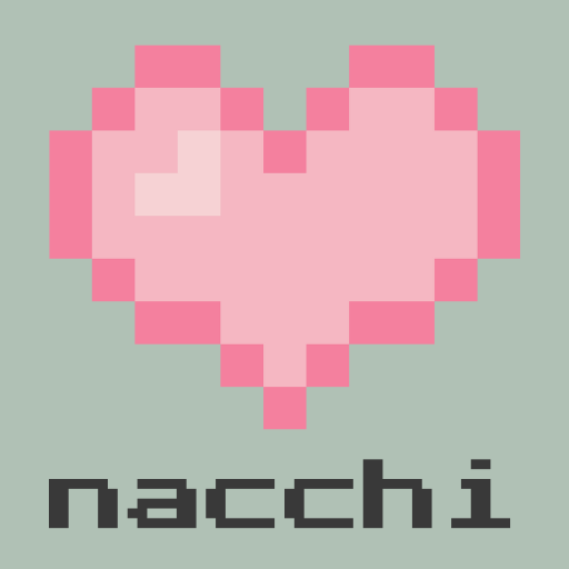 pixel heart symbol in pink hues, nacchi written in pixel font underneath