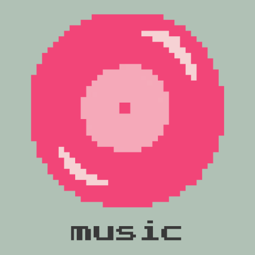 pixel vinyl in pink hues, music written in pixel font underneath