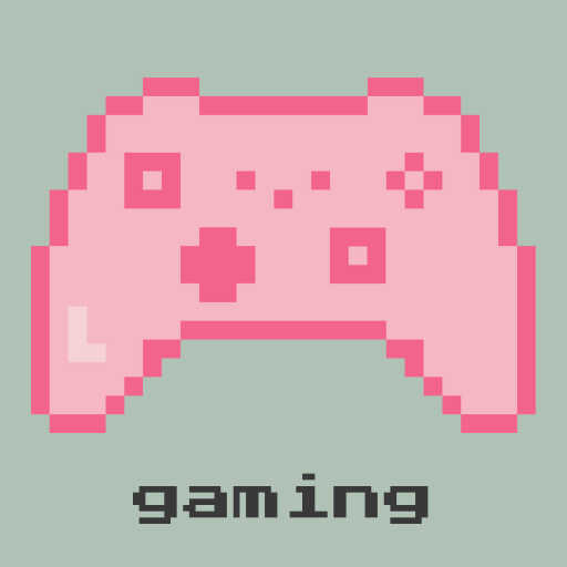 pixel controller in pink hues, gaming written in pixel font underneath