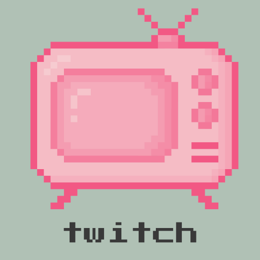 pixel tv in pink hues, twitch written in pixel font underneath