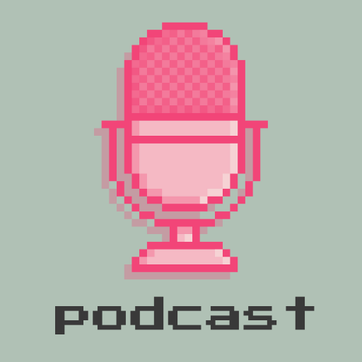 pixel microphone in pink hues, podcast written in pixel font underneath