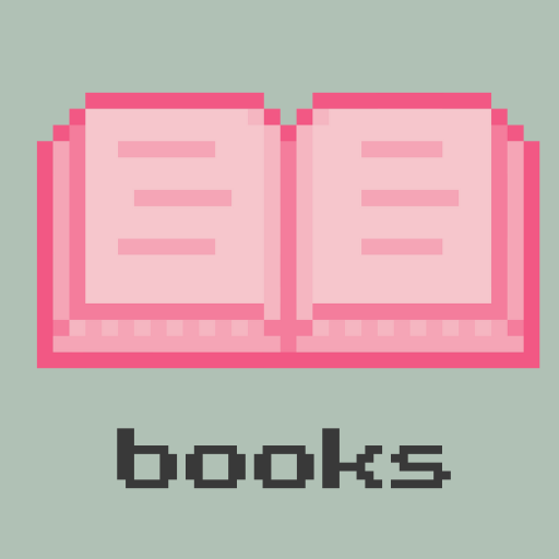 pixel book in pink hues, books written in pixel font underneath