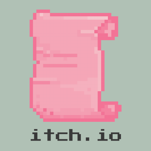 pixel unrolled scroll with in pink hues, itch,.io written in pixel font underneath