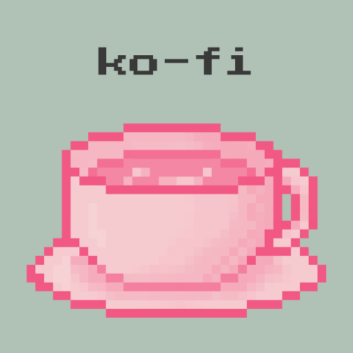 pixel teacup in pink hues, ko-fi written in pixel text above