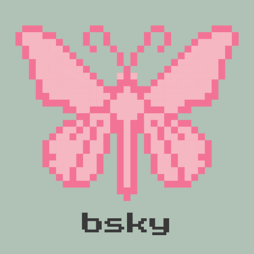 pixel butterfly bubble symbol in pink hues, bsky written in pixel font underneath